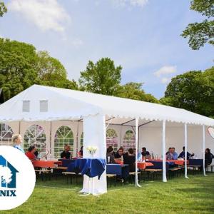 Professzionális extra erős, lángálló rendezvénysátor 7 × 30 m, 210 m², fehér PVC ponyvával, 2,6 m oldalmagassággal, Ø 50 mm-es erősített horganyzott acélvázzal és padlókerettel