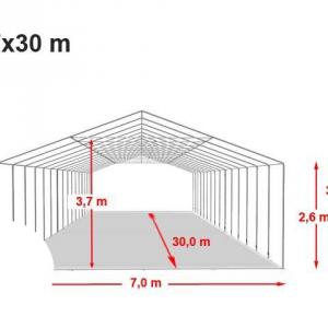Professzionális extra erős, lángálló rendezvénysátor 7 × 30 m, 210 m², fehér PVC ponyvával, 2,6 m oldalmagassággal, Ø 50 mm-es erősített horganyzott acélvázzal és padlókerettel