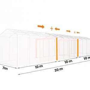 Professzionális extra erős, lángálló rendezvénysátor 7 × 30 m, 210 m², fehér PVC ponyvával, 2,6 m oldalmagassággal, Ø 50 mm-es erősített horganyzott acélvázzal és padlókerettel