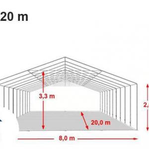 Professzionális extra erős parti rendezvénysátor 8x20 m, ponyva lángálló PVC oldalmagasság  +2,6 m erősített szerkezettel fehér