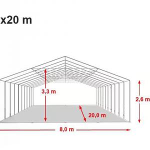 Professzionális extra erős parti rendezvénysátor 8x20 m, ponyva lángálló PVC oldalmagasság  +2,6 m erősített szerkezettel fehér