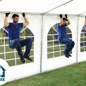 Professzionális extra erős parti rendezvénysátor 8x20m ponyva lángálló PVC oldalmagasság  +2,6 m erősített szerkezettel fehér