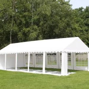 Professzionális extra erős parti rendezvénysátor 8x20m ponyva lángálló PVC oldalmagasság  +2,6 m erősített szerkezettel fehér