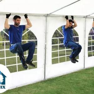 Professzionális extra erős parti rendezvénysátor 8x36 m, ponyva lángálló PVC oldalmagasság  +2,6 m erősített szerkezettel fehér