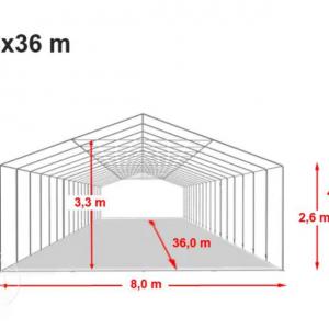 Professzionális extra erős parti rendezvénysátor 8x36 m, ponyva lángálló PVC oldalmagasság  +2,6 m erősített szerkezettel fehér