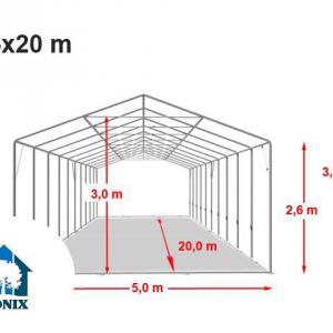 Professzionális, extra erős raktársátor 5 × 20 m, 100 m² alapterülettel, 2,60 m oldalmagassággal, megerősített, horganyzott acélszerkezettel, padlókerettel, két cipzáras bejárattal fehér PVC ponyvával