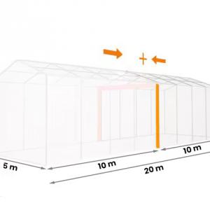 Professzionális, extra erős raktársátor 5 × 20 m, 100 m² alapterülettel, 2,60 m oldalmagassággal, megerősített, horganyzott acélszerkezettel, padlókerettel, két cipzáras bejárattal fehér PVC ponyvával