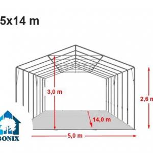 Professzionális extra erős raktársátor 5x14 m, ponyva PVC  fehér +2,6 m oldalmagasság, erősített szerkezettel (70m2)