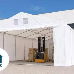 Professzionális  extra erős raktársátor 5x16 m, ponyva PVC  +2,6 m oldalmagasság, erősített szerkezettel (80m2)