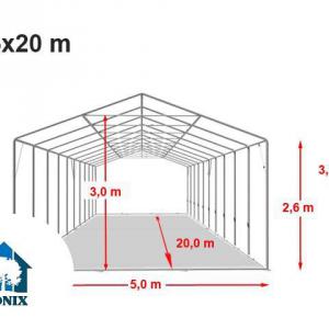 Professzionális extra erős raktársátor 5x20 m, ponyva PVC oldalmagasság  +2,6 m fehér (100m2) fehér erősített szerkezettel padlókerettel