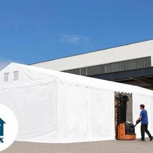 Professzionális, extra erős raktársátor 6 × 20 m, 120 m², 2,60 m oldalmagassággal, horganyzott acélvázzal, padlókerettel, két cipzáras bejárattal  fehér PVC ponyvával