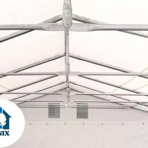 Professzionális, extra erős raktársátor 6 × 20 m, 120 m², 2,60 m oldalmagassággal, horganyzott acélvázzal, padlókerettel, két cipzáras bejárattal  fehér PVC ponyvával