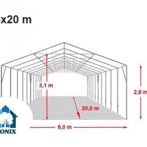 Professzionális, extra erős raktársátor 6 × 20 m, 120 m², 2,60 m oldalmagassággal, horganyzott acélvázzal, padlókerettel, két cipzáras bejárattal  fehér PVC ponyvával