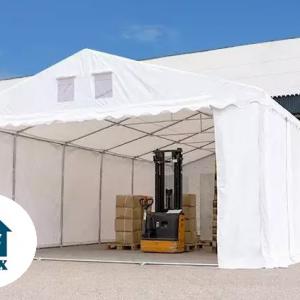 Professzionális, extra erős raktársátor 8 × 12 m, 96 m²,  2,60 m oldalmagassággal, megerősített, horganyzott acélszerkezettel, stabil padlókerettel, két cipzáras bejárattal fehér PVC ponyvával