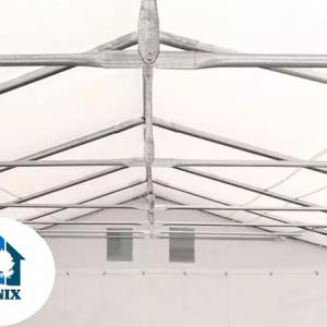 Professzionális, extra erős raktársátor 8 × 12 m, 96 m²,  2,60 m oldalmagassággal, megerősített, horganyzott acélszerkezettel, stabil padlókerettel, két cipzáras bejárattal fehér PVC ponyvával