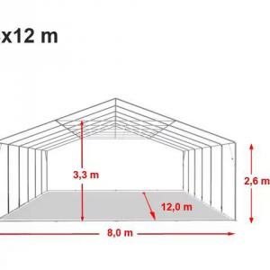 Professzionális, extra erős raktársátor 8 × 12 m, 96 m²,  2,60 m oldalmagassággal, megerősített, horganyzott acélszerkezettel, stabil padlókerettel, két cipzáras bejárattal fehér PVC ponyvával