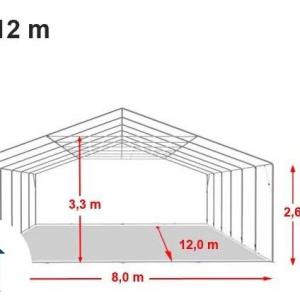Professzionális  extra erős raktársátor 8x12 m, ponyva PVC fehér oldalmagasság +2,6m fehér erősített szerkezettel padlókerettel (96m2)