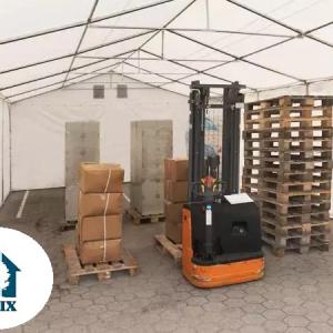 Professzionális  extra erős raktársátor 8x12 m, ponyva PVC  oldalmagasság +2,6m  erősített szerkezettel padlókerettel (96m2) fehér