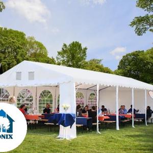Professzionális extra erős rendezvény- és fesztiválsátor 5 × 10 m, 50 m², lángálló PVC ponyvával, 2,60 m oldalmagassággal, megerősített horganyzott acélszerkezettel és padlókerettel – fehér