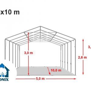 Professzionális extra erős rendezvény- és fesztiválsátor 5 × 10 m, 50 m², lángálló PVC ponyvával, 2,60 m oldalmagassággal, megerősített horganyzott acélszerkezettel és padlókerettel – fehér