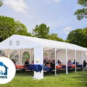 Professzionális extra erős rendezvény- és fesztiválsátor 6 × 12 m, 72 m², lángálló PVC ponyvával, 2,60 m oldalmagassággal, megerősített horganyzott acélszerkezettel és padlókerettel – fehér