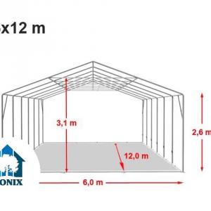 Professzionális extra erős rendezvény- és fesztiválsátor 6 × 12 m, 72 m², lángálló PVC ponyvával, 2,60 m oldalmagassággal, megerősített horganyzott acélszerkezettel és padlókerettel – fehér