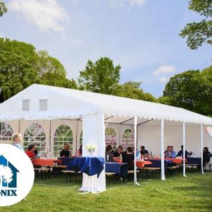 Professzionális extra erős rendezvény- és fesztiválsátor 6 × 16 m, 96 m², lángálló PVC ponyvával, 2,60 m oldalfalmagassággal, megerősített horganyzott acélszerkezettel és padlókerettel – fehér