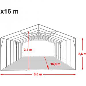 Professzionális extra erős rendezvény- és fesztiválsátor 6 × 16 m, 96 m², lángálló PVC ponyvával, 2,60 m oldalfalmagassággal, megerősített horganyzott acélszerkezettel és padlókerettel – fehér