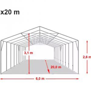 Professzionális extra erős rendezvény- és fesztiválsátor 6 × 20 m, 120 m², lángálló PVC ponyvával, 2,60 m oldalmagassággal, megerősített horganyzott acélszerkezettel és padlókerettel – fehér