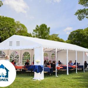 Professzionális extra erős rendezvény- és fesztiválsátor 7 × 14 m, 98 m², lángálló PVC ponyvával, 2,60 m oldalmagassággal, megerősített horganyzott acélszerkezettel és padlókerettel – fehér