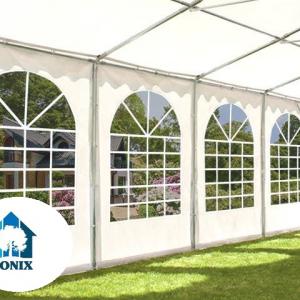 Professzionális extra erős rendezvény- és fesztiválsátor 7 × 14 m, 98 m², lángálló PVC ponyvával, 2,60 m oldalmagassággal, megerősített horganyzott acélszerkezettel és padlókerettel – fehér