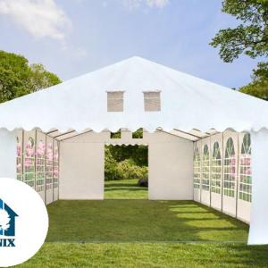 Professzionális extra erős rendezvény- és fesztiválsátor 7 × 14 m, 98 m², lángálló PVC ponyvával, 2,60 m oldalmagassággal, megerősített horganyzott acélszerkezettel és padlókerettel – fehér