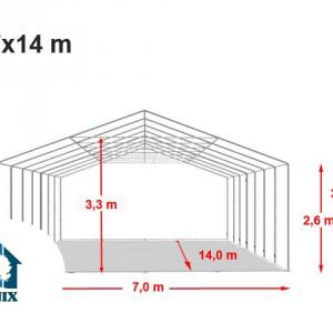 Professzionális extra erős rendezvény- és fesztiválsátor 7 × 14 m, 98 m², lángálló PVC ponyvával, 2,60 m oldalmagassággal, megerősített horganyzott acélszerkezettel és padlókerettel – fehér