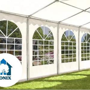 Professzionális extra erős rendezvény- és fesztiválsátor 8 × 12 m, 96 m², lángálló PVC ponyvával, 2,60 m oldalmagassággal, megerősített horganyzott acélszerkezettel és padlókerettel – fehér