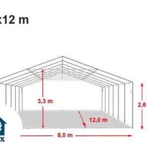 Professzionális extra erős rendezvény- és fesztiválsátor 8 × 12 m, 96 m², lángálló PVC ponyvával, 2,60 m oldalmagassággal, megerősített horganyzott acélszerkezettel és padlókerettel – fehér