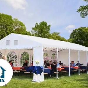 Professzionális extra erős rendezvény- és fesztiválsátor 8 × 16 m, 128 m², lángálló PVC ponyvával, 2,60 m oldalmagassággal, megerősített horganyzott acélszerkezettel és padlókerettel – fehér