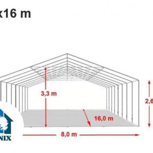 Professzionális extra erős rendezvény- és fesztiválsátor 8 × 16 m, 128 m², lángálló PVC ponyvával, 2,60 m oldalmagassággal, megerősített horganyzott acélszerkezettel és padlókerettel – fehér