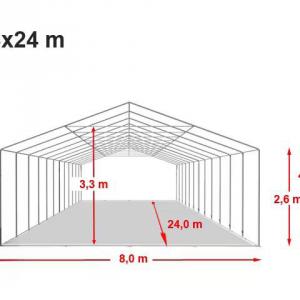 Professzionális extra erős rendezvény- és fesztiválsátor 8 × 24 m, 192 m², lángálló PVC ponyvával, 2,60 m oldalmagassággal, megerősített horganyzott acélszerkezettel és padlókerettel – fehér