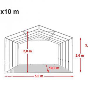 Professzionális extra erős rendezvény- és partisátor 5 × 10 m, 50 m², PVC ponyvával, 2,60 m oldalmagassággal, Ø 50 mm-es megerősített horganyzott acélszerkezettel és padlókerettel – fehér