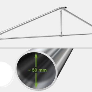 Professzionális extra erős rendezvény- és partisátor 5 × 10 m, 50 m², PVC ponyvával, 2,60 m oldalmagassággal, Ø 50 mm-es megerősített horganyzott acélszerkezettel és padlókerettel – fehér