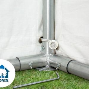 Professzionális extra erős rendezvény- és partisátor 5 × 10 m, 50 m², PVC ponyvával, 2,60 m oldalmagassággal, Ø 50 mm-es megerősített horganyzott acélszerkezettel és padlókerettel – fehér