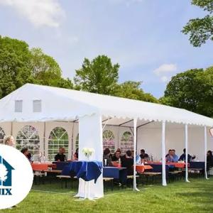 Professzionális extra erős rendezvény- és partisátor 6 × 16 m, 96 m², PVC ponyvával, 2,60 m oldalmagassággal, megerősített horganyzott acélszerkezettel és padlókerettel – fehér