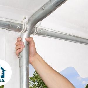 Professzionális extra erős rendezvény- és partisátor 6 × 16 m, 96 m², PVC ponyvával, 2,60 m oldalmagassággal, megerősített horganyzott acélszerkezettel és padlókerettel – fehér