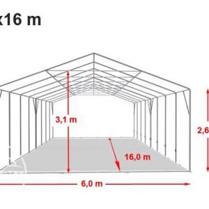 Professzionális extra erős rendezvény- és partisátor 6 × 16 m, 96 m², PVC ponyvával, 2,60 m oldalmagassággal, megerősített horganyzott acélszerkezettel és padlókerettel – fehér