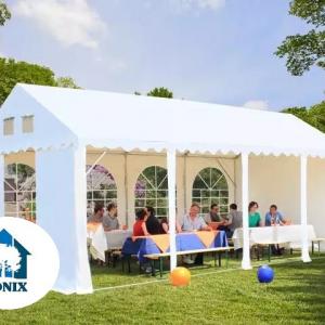 Professzionális extra erős rendezvénysátor 3 × 6 m, 18 m², fehér PVC ponyvával, 2,6 m oldalmagassággal, Ø 50 mm-es erősített horganyzott acélvázzal és padlókerettel