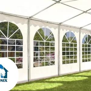 Professzionális extra erős rendezvénysátor 3 × 6 m, 18 m², fehér PVC ponyvával, 2,6 m oldalmagassággal, Ø 50 mm-es erősített horganyzott acélvázzal és padlókerettel