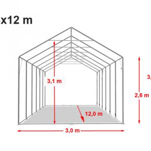 Professzionális extra erős rendezvénysátor 3x12 m, ponyva PVC fehér +2,6 m oldalmagasság, erősített szerkezettel