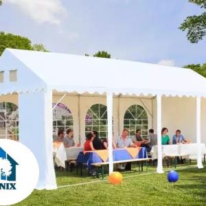 Professzionális extra erős rendezvénysátor 4 × 8 m, 32 m², fehér PVC ponyvával, 2,6 m oldalmagassággal, Ø 50 mm-es erősített horganyzott acélvázzal és padlókerettel