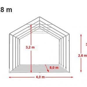 Professzionális extra erős rendezvénysátor 4 × 8 m, 32 m², fehér PVC ponyvával, 2,6 m oldalmagassággal, Ø 50 mm-es erősített horganyzott acélvázzal és padlókerettel