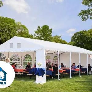 Professzionális extra erős rendezvénysátor 5 × 16 m, 80 m², fehér PVC ponyvával, 2,6 m oldalmagassággal, Ø 50 mm-es erősített horganyzott acélvázzal és padlókerettel
